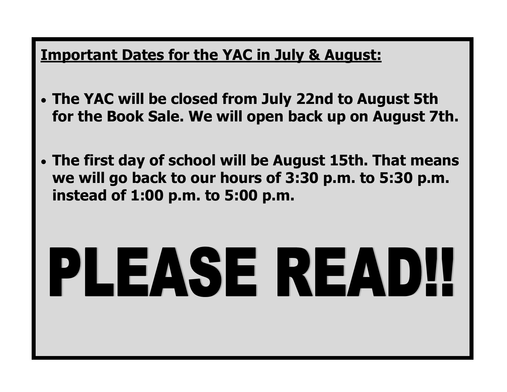 YAC Announcements for July and August
